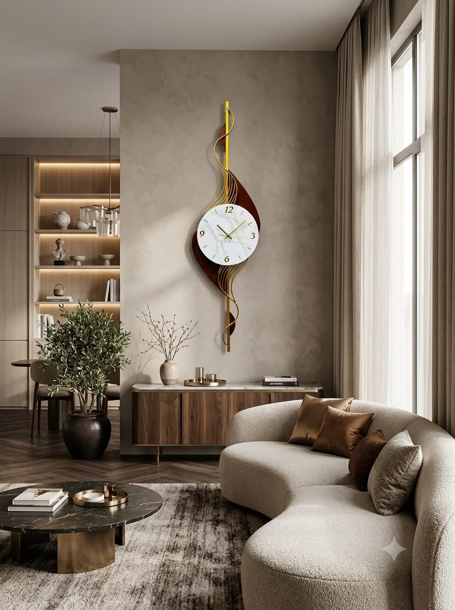 Vertical gold and burgundy wave wall clock with a white marble effect dial, 40 x 12 cm