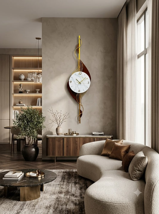 Vertical gold and burgundy wave wall clock with a white marble effect dial, 40 x 12 cm