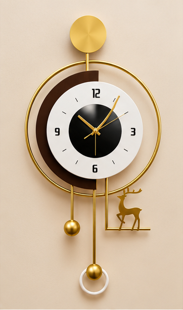 Gold deer pendulum wall clock with a black and white dial and gold ball pendulum, 20 x 30 cm