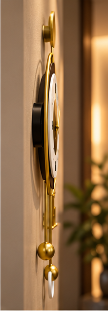 Gold deer pendulum wall clock with a black and white dial and gold ball pendulum, 20 x 30 cm - side profile showing depth from the wall