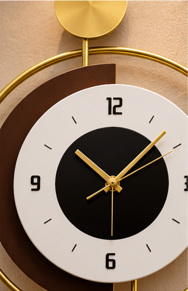 Gold deer pendulum wall clock with a black and white dial and gold ball pendulum, 20 x 30 cm - close-up of the black and white dial