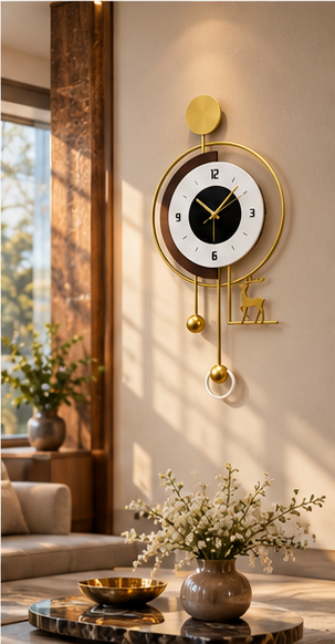 Gold deer pendulum wall clock with a black and white dial and gold ball pendulum, 20 x 30 cm - in daylight in a living room