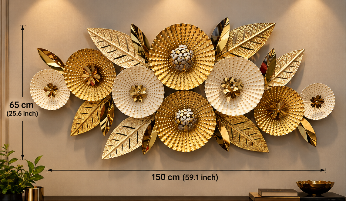Gold and ivory beaded disc metal wall art, 150 x 65 cm