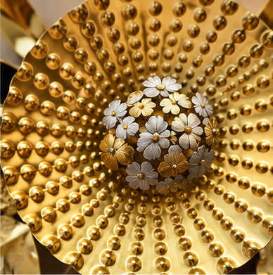 Gold and ivory beaded disc metal wall art, 150 x 65 cm - detail view 1