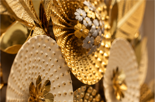 Gold and ivory beaded disc metal wall art, 150 x 65 cm - detail view 4