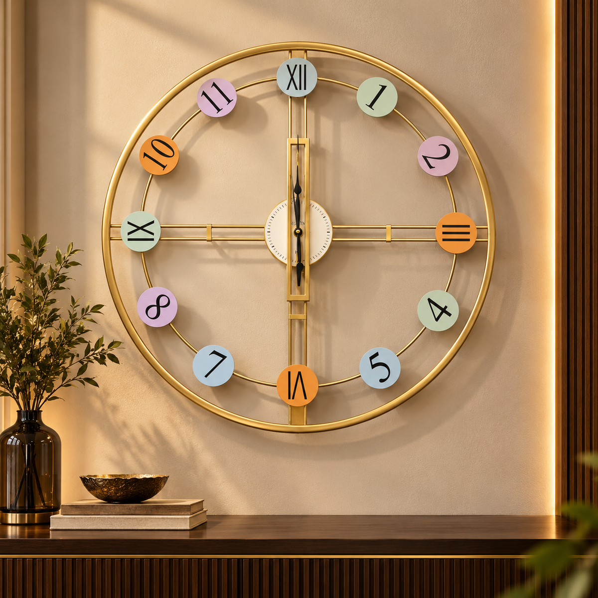 Gold open-frame rail wall clock with pastel colour numeral discs and pendulum, 30 inch