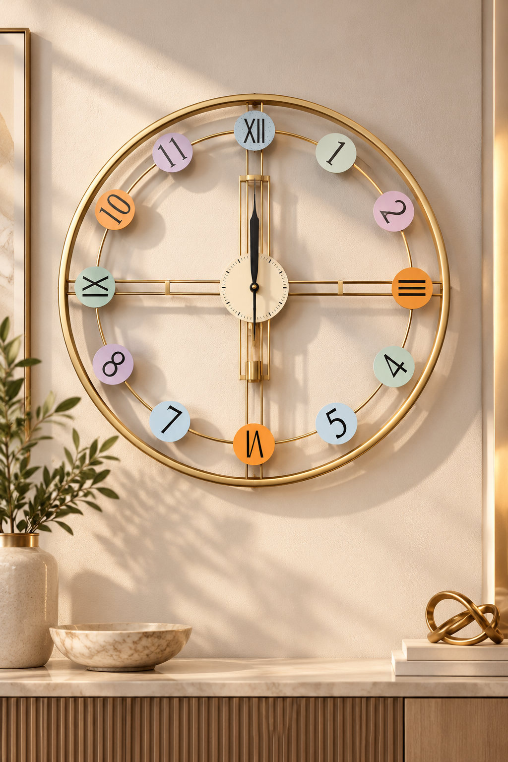 Gold open-frame rail wall clock with pastel colour numeral discs and pendulum, 30 inch - in a sunlit living room