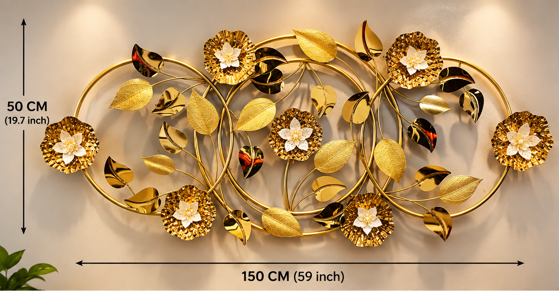 Gold ring and porcelain flower metal wall art, 150 x 50 cm