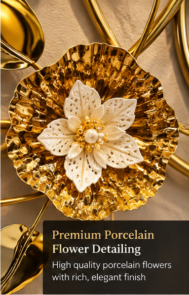Gold ring and porcelain flower metal wall art, 150 x 50 cm - detail view 1