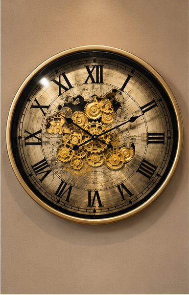 Gold world map gear wall clock with antique sepia map dial and gold cogs
