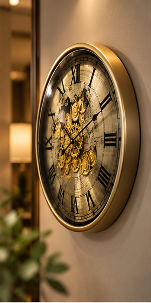 Gold world map gear wall clock with antique sepia map dial and gold cogs - angled view on the wall