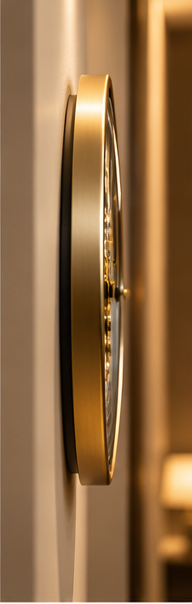 Gold world map gear wall clock with antique sepia map dial and gold cogs - side profile showing depth from the wall