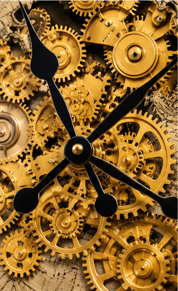 Gold world map gear wall clock with antique sepia map dial and gold cogs - close-up of the gear mechanism