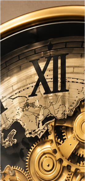 Gold world map gear wall clock with antique sepia map dial and gold cogs - close-up of the dial