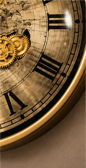 Gold world map gear wall clock with antique sepia map dial and gold cogs - close-up of the rim and numerals