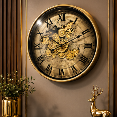 Gold world map gear wall clock with antique sepia map dial and gold cogs - styled above a console table