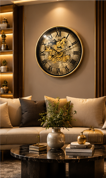 Gold world map gear wall clock with antique sepia map dial and gold cogs - styled in a living room