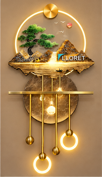 Golden landscape LED wall lamp with bonsai, marble disc, brass shelf and LED ring pendants, 22 x 49 inch
