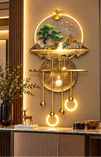 Golden landscape LED wall lamp with bonsai, marble disc, brass shelf and LED ring pendants, 22 x 49 inch - styled above a console table
