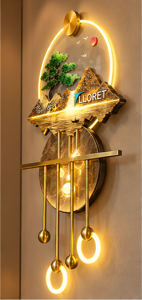 Golden landscape LED wall lamp with bonsai, marble disc, brass shelf and LED ring pendants, 22 x 49 inch - angled view on an entrance wall