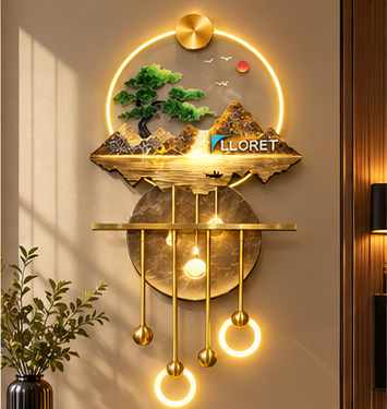 Golden landscape LED wall lamp with bonsai, marble disc, brass shelf and LED ring pendants, 22 x 49 inch - in daylight above a sideboard