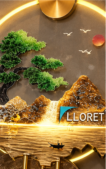 Golden landscape LED wall lamp with bonsai, marble disc, brass shelf and LED ring pendants, 22 x 49 inch - close-up of the bonsai, gold peaks and lit water line