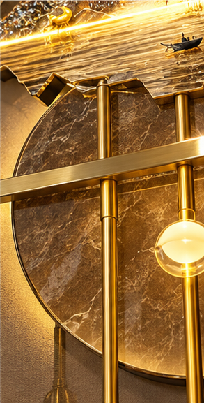Golden landscape LED wall lamp with bonsai, marble disc, brass shelf and LED ring pendants, 22 x 49 inch - close-up of the marble disc and brass rods