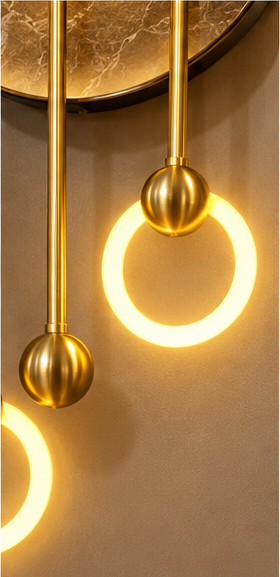 Golden landscape LED wall lamp with bonsai, marble disc, brass shelf and LED ring pendants, 22 x 49 inch - close-up of the brass spheres and glowing LED rings