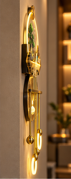 Golden landscape LED wall lamp with bonsai, marble disc, brass shelf and LED ring pendants, 22 x 49 inch - side profile showing the depth from the wall