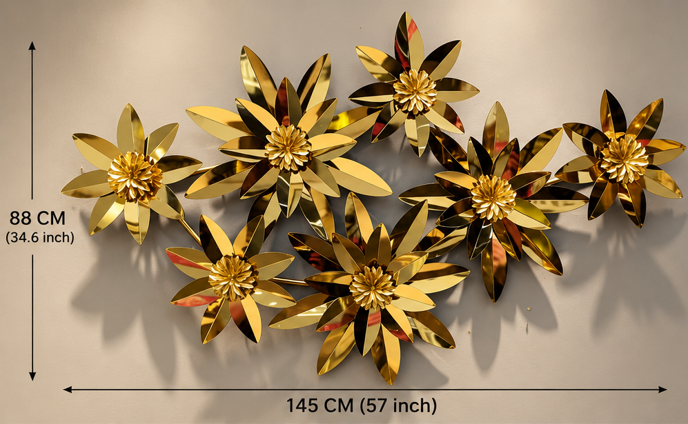 Golden lily cluster metal wall art in mirror gold, 145 x 88 cm