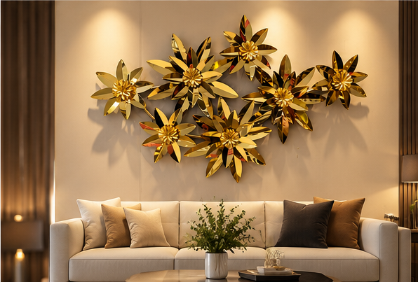 Golden lily cluster metal wall art in mirror gold, 145 x 88 cm - detail view 4