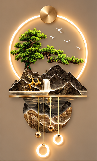 Golden peaks and deer LED wall art with marbled lower disc, brass shelf and LED rings, 24 x 52 inch