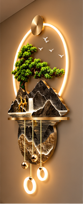 Golden peaks and deer LED wall art with marbled lower disc, brass shelf and LED rings, 24 x 52 inch - angled view on the wall
