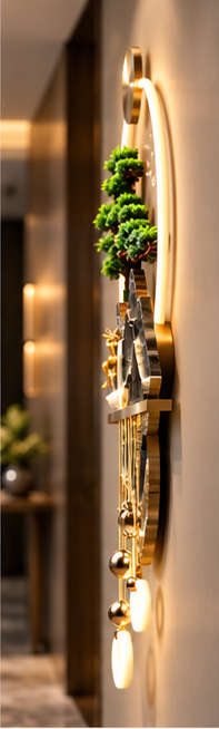 Golden peaks and deer LED wall art with marbled lower disc, brass shelf and LED rings, 24 x 52 inch - side profile showing depth from the wall