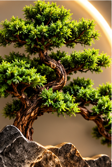 Golden peaks and deer LED wall art with marbled lower disc, brass shelf and LED rings, 24 x 52 inch - close-up of the bonsai foliage