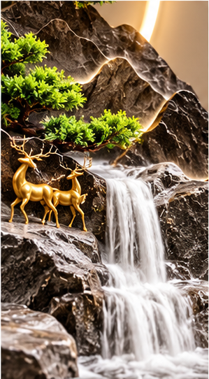 Golden peaks and deer LED wall art with marbled lower disc, brass shelf and LED rings, 24 x 52 inch - close-up of the sculpted detail