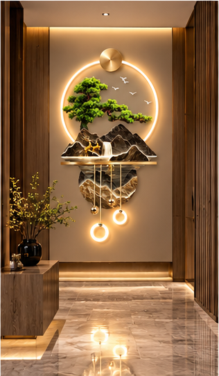 Golden peaks and deer LED wall art with marbled lower disc, brass shelf and LED rings, 24 x 52 inch - close-up of the hanging LED rings