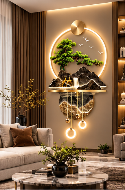 Golden peaks and deer LED wall art with marbled lower disc, brass shelf and LED rings, 24 x 52 inch - styled above a console table