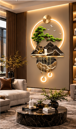 Golden peaks and deer LED wall art with marbled lower disc, brass shelf and LED rings, 24 x 52 inch - styled in a living room