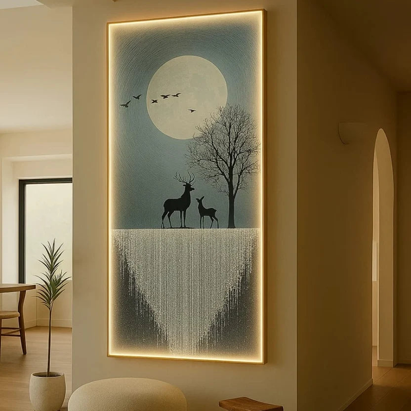 Moonlit Serenade LED Crystal Wall Art – Deer & Waterfall Edition