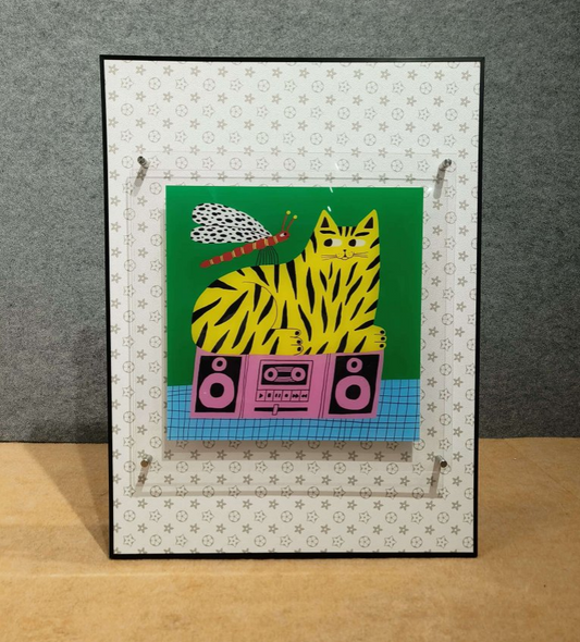Boombox Kitty: Groovy Cat & Dragonfly Framed Wall Art