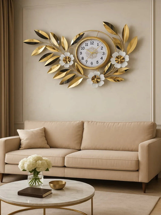 Metal Wall Clocks Luxe Floral Crown Timepiece: Elegant Gold & Blossom Wall Clock