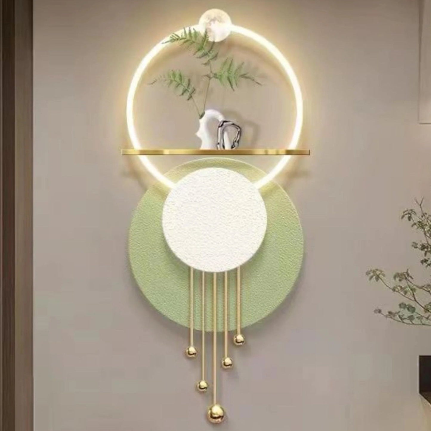 Decor Metal Wall Art Sculpture Wall Hanging: Abstract Showpiece with LED Light - Green Circle