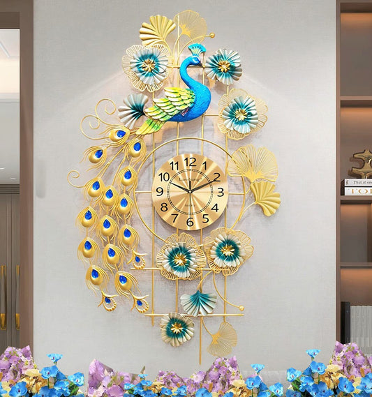 Premium Golden Peacock & Floral Horizontal Wall Clock – Elegant and Modern Statement Piece