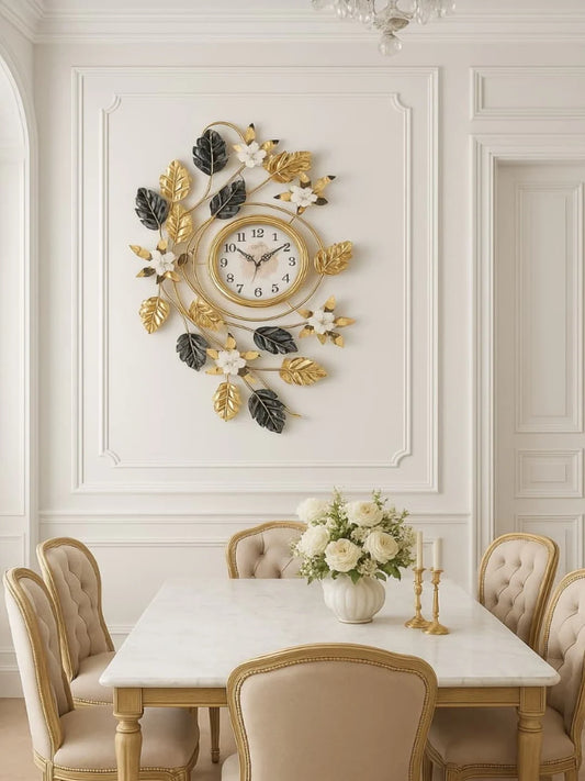Metal Wall Clocks Luxe Botanical Timepiece: Contemporary Gold & Dark Leaf Wall Clock