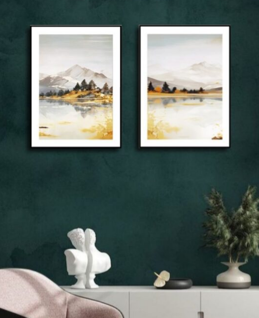 Serene Reflections - Abstract Mountain &amp; Lake Wall Art Set (Set of 2)