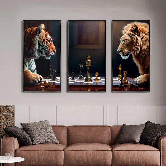 "Strategic Showdown: Lion vs. Tiger" 3-Piece Modern Art Set