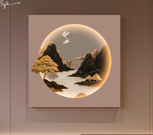 "Tranquil Shore" Geometric Landscape Wall Art with Integrated LED Light