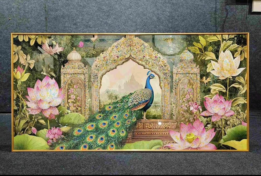 "Enchanted Peacock Sanctuary" Panoramic Crystal Wall Art for Grand Interiors