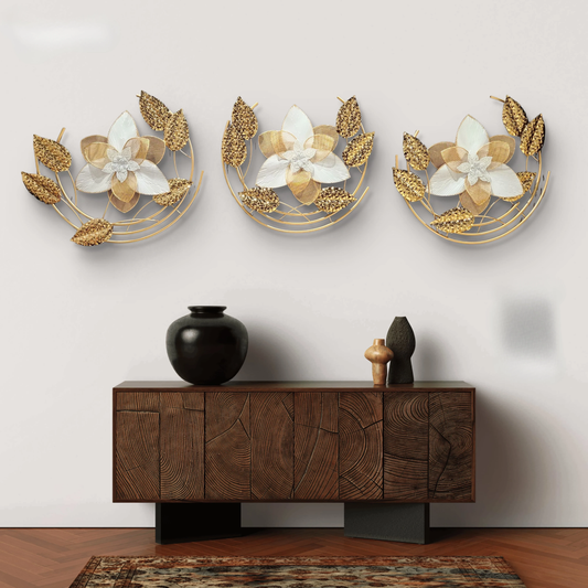 Golden Blossom Trio: Metallic Floral Wall Art